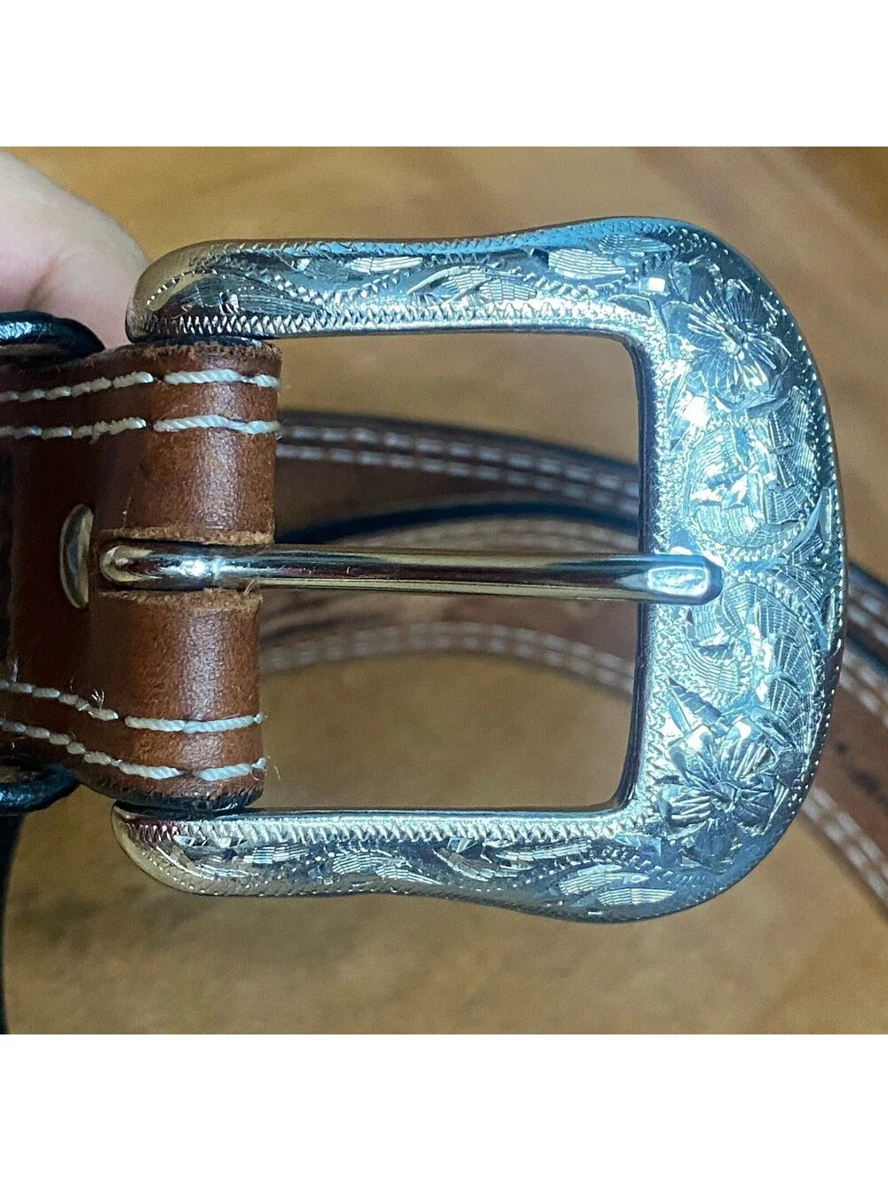 Ranger Belt Co Western Tooled Brown Leather 36 Silver Engraved Buckle Floral